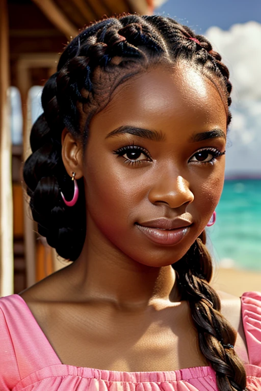 Carribbean woman beautiful face with braids and her pink dress