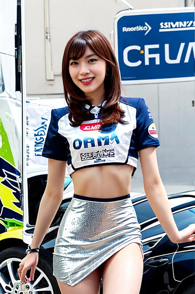 Ultra-high resolution, 1 Girl, 24 years old, (Idols:1.4), (Famous actresses :1.4), (Beautiful detailed face:1), thick glasses, glasses, Bangs, (Multicolor floating hair), Skin Dentition, Light makeup, (Beautiful medium breasts:1.3), (Sparkling Skin:1.1), Shiny skin, Long limbs, Slim, medium Breasts:1.3, Narrow waist, Medium Hips, Thin legs, thick thighs, Dynamic Lighting, Sexually suggestive faces, Glossy texture, Lipstick, V-shaped eyebrows, V Line Jaw, Looking at the Viewer, (Long Hair:1.3), (Perfect Face:1.4), Flowing hair, audience, (A shy smile:1.3), blue sky, (((Monte Carlo Street Circuit))), (((Racing Car))), (((Racing Bike))), ((Promotion Girl:1.3)), ((Grid Girls:1)), Pink Lips, Light makeup, (Detailed promotional costumes are intricately worn:1.10), full body, Lace-up boots, Short sleeves, Cropped tops, ((Short jacket:1)), (Tube Top Bra:1), short skirt, miniskirt, thick legs, Knee-high, (((Nylon short-sleeve jacket with many logos))), (Logo glitter long nylon pleated skirt), Small Ass, ((Promotional wear with logo:1.3)), (((Shiny silver and metallic blue glitter promotional wear))), Fingerless gloves, Black Hair, Brown hair, Red Hair, Walking, audience, lovely smile