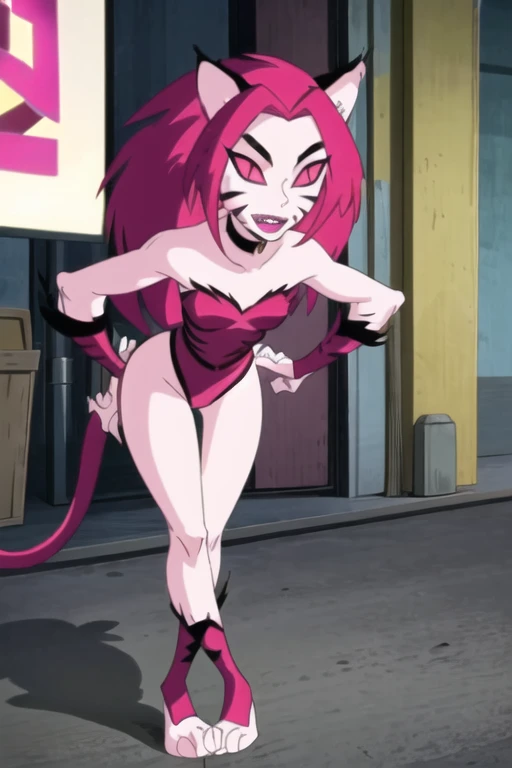 NyaNya, 1girl, solo, pink eyes, pink hair, pink skin, long hair, cat ears, pink sclera, cat tail, claws, slit pupils, pink lips, whisker markings, pink leotard, fangs, bare shoulders, choker,