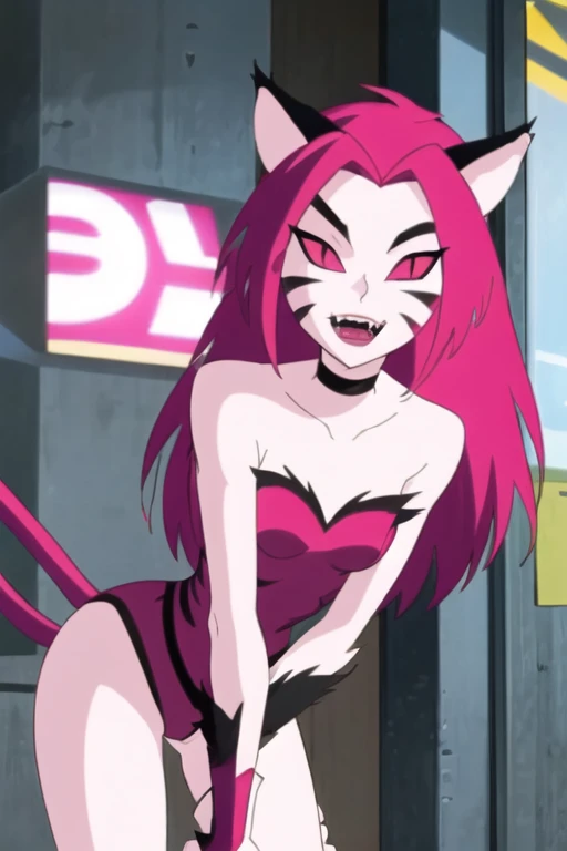 NyaNya,   1girl, solo, pink eyes, pink hair, pink skin, long hair, cat ears, pink sclera, cat tail, claws,  slit pupils, pink lips, whisker markings, pink leotard, fangs, bare shoulders, choker,