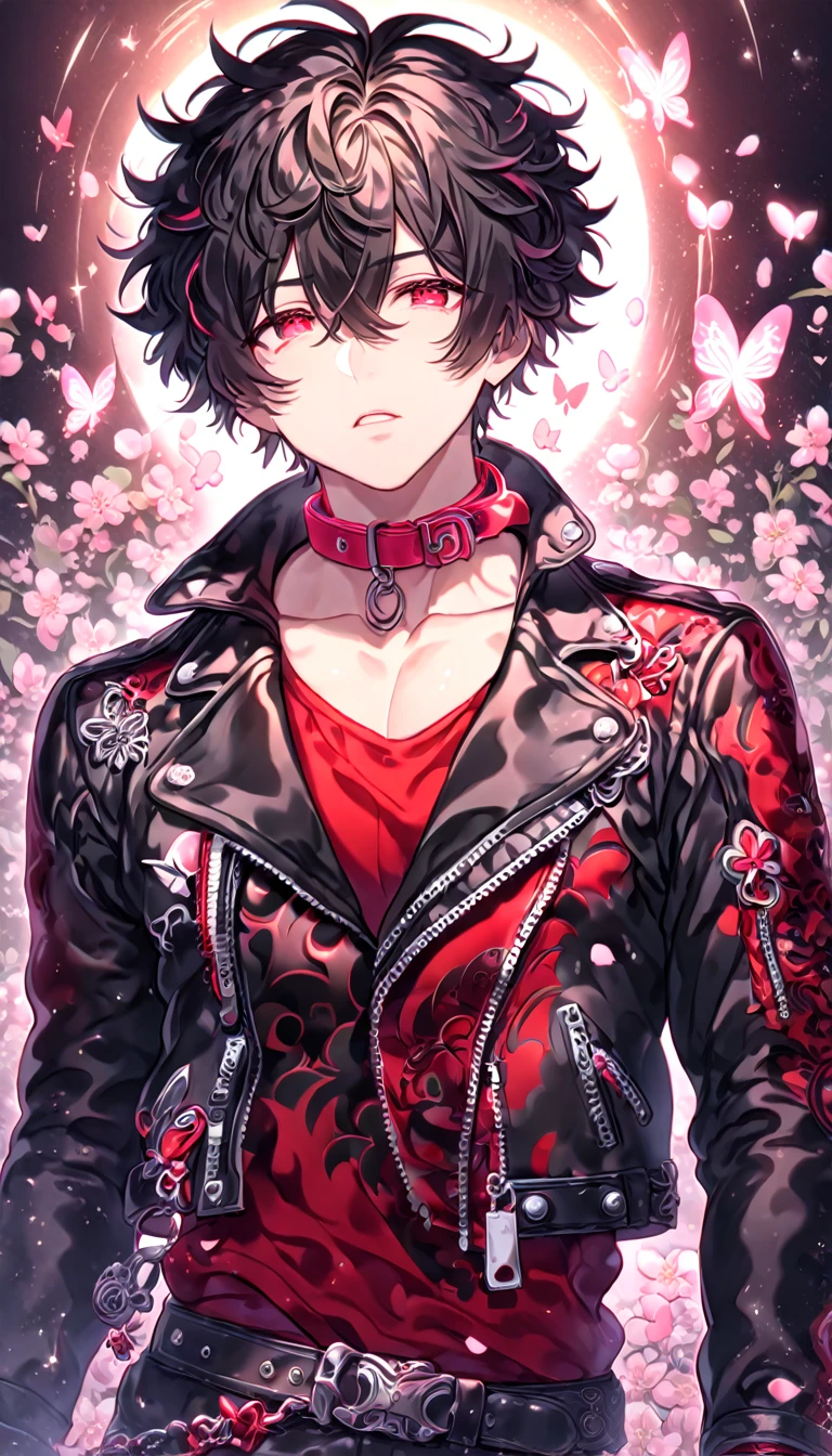 absurdres, highres, ultra detailed, HDR, master piece, best quality, Shin, black hair, messy hair, expressive red eyes, Amnesia, solo, sexy man, handsome, cropped black leather jacket, red shirt with black patterns, red collar, red gloves, fantasy, shining, pink flowers, pink blossoms, pink butterflies, pink petals