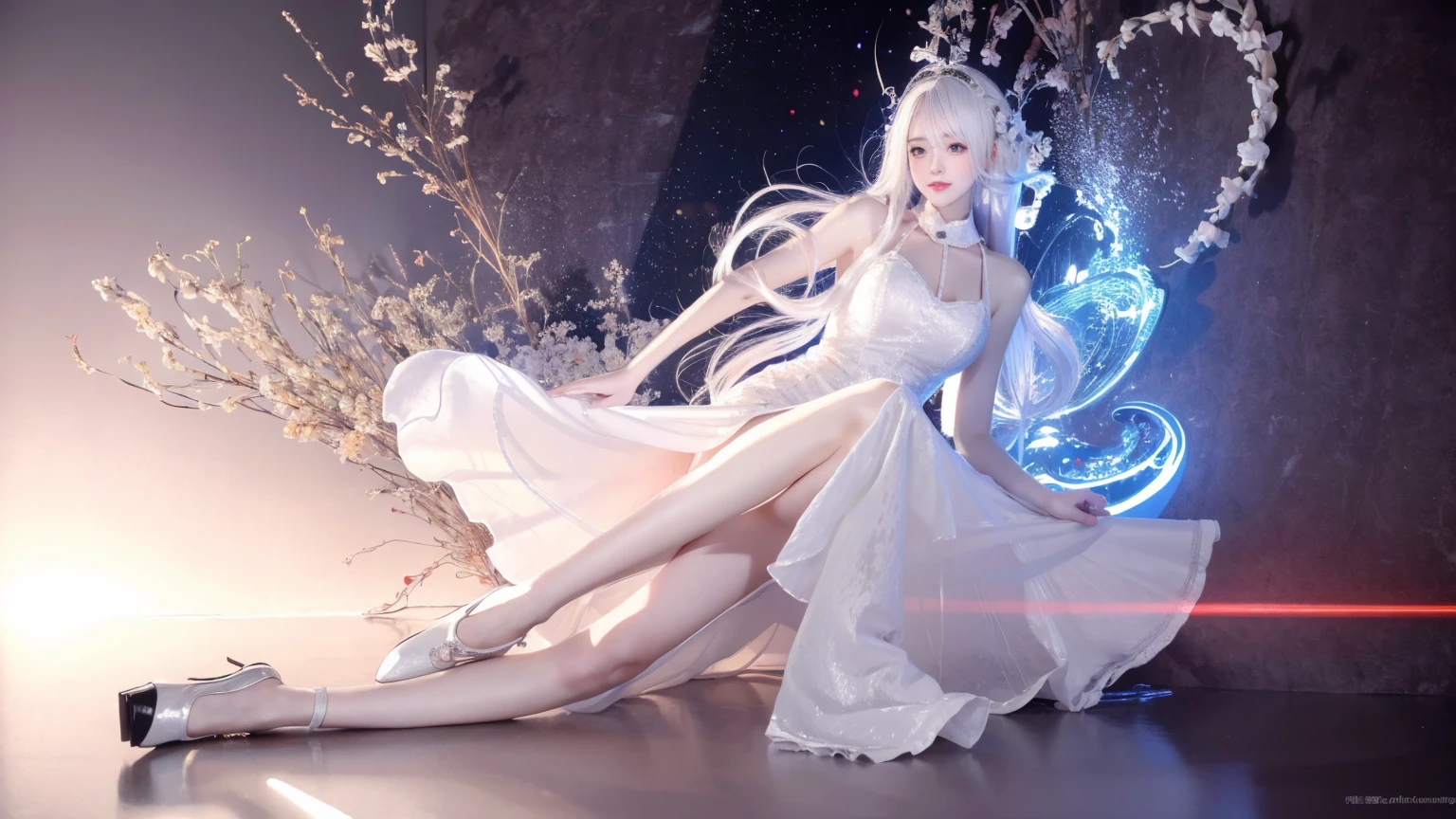 8K, Surrealism, masterpiece, best quality, Very detailed, high resolution, Random Background, 1 girl, (:1.5), Yao Liu, White Dress,Colored hair,translucent,whole body,High heel透明婚纱,High heel,whole body,Colorful