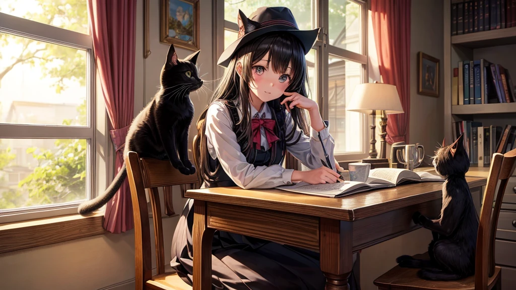 Cute detailed anime girl sitting on her table chair in frount of her room window in night time writing on her book her eyes should be on her book and also add a black cat on her table with a cupe of coffee i her face to word the book