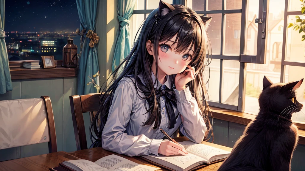 Cute detailed anime girl sitting on her table chair in frount of her room window in night time writing on her book her eyes should be on her book and also add a black cat on her table with a cupe of coffee i her face to word the book 