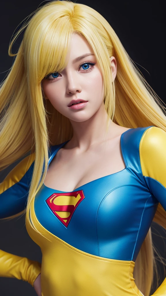 1 super girl, big, yellow hair, blue in, high resolution, hyper-realistic, ultra detail