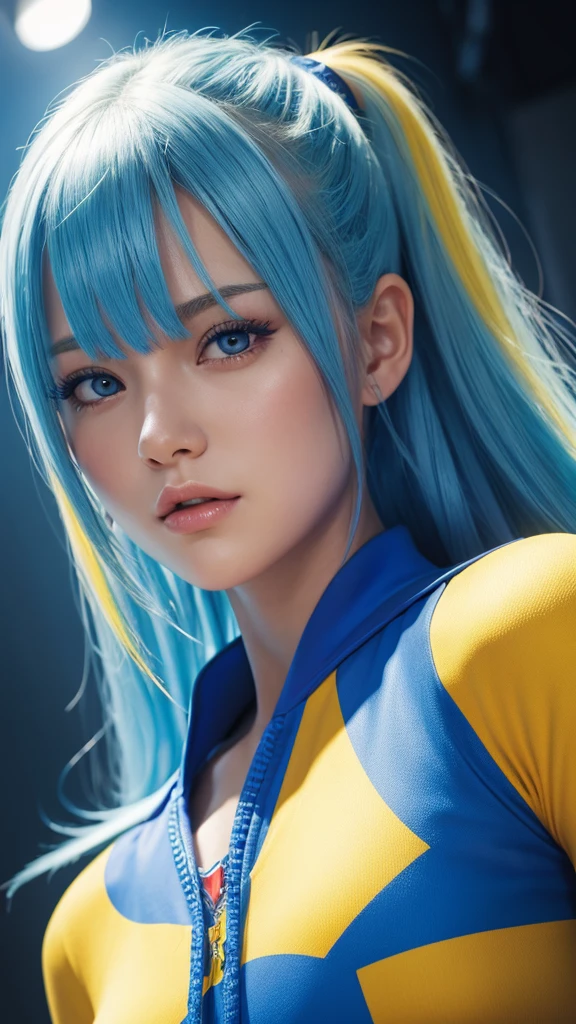 1 super girl, big, yellow hair, blue in, high resolution, hyper-realistic, ultra detail