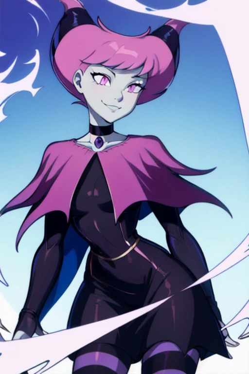 Jinx_TeenTitans,   1girl, solo, pink eyes, pink hair, grey skin, hair up, pale skin, medium hair, hair horns, choker, striped pantyhose, capelet, black dress, jewelry, smile, cape, cloak, room