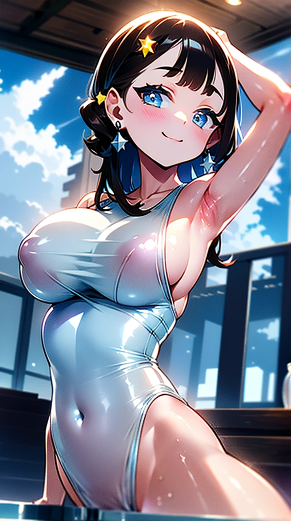 (masterpiece), (HDR), absurdres, (best quality), (ultra high quality), (hi-res), (1girl), (light blue eyes), beautiful detailed eyes, (((dark brown hair))), bangs, short side locks, (((chin length hair))), (((wavy hair))), (((silver star hair pin))), (large ), ((perky breastslunge neckline)), white swimsuit, see-through, thin waist, wide hips, (happy expression), smile, (looking at viewer), sticking chest out, posing, day time, city scenery, resort, beach, poolside, arms up, one leg up, ecchi