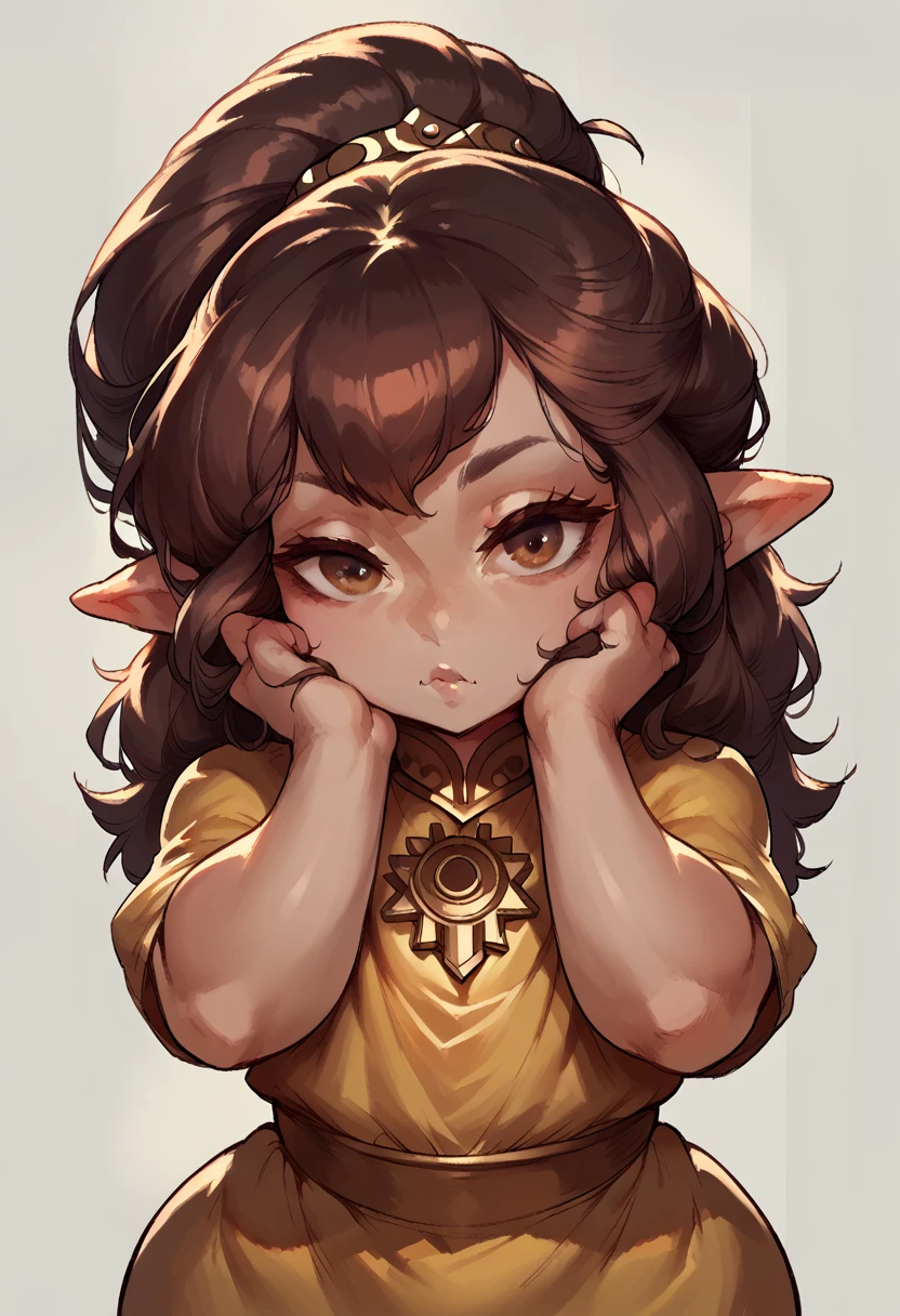 a shortstack gnome with elf-like ears, dark brown styled up hair, wearing a golden dress, upper body portrait, voluptuous body, girl facing viewer, good hands, intricate detailed portrait, award-winning fantasy digital art, cinematic lighting, highly detailed, sharp focus, photorealistic, masterpiece, brown eyes, 