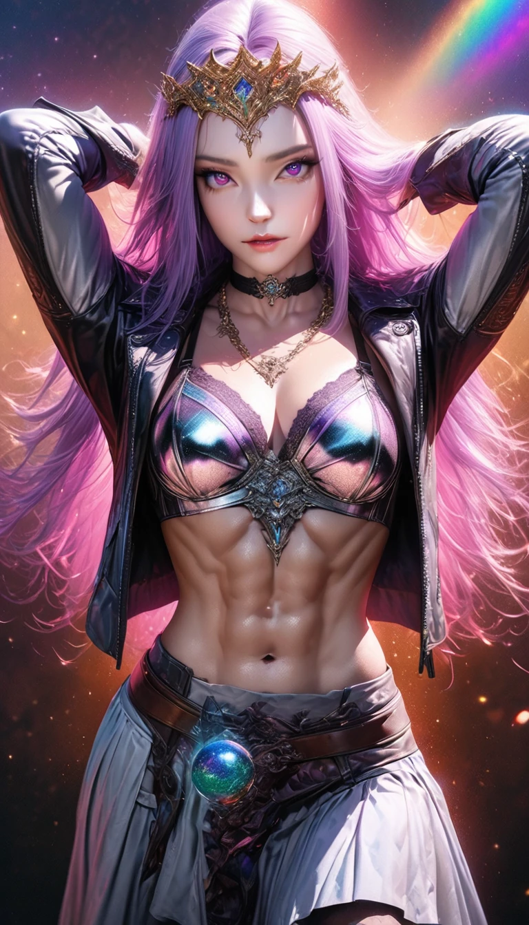 seamless image fusion, noble female knight, beautiful, sharp eyes, light purple straight hair, amorous and lewd face, cool and sadistic, make-up, wearing bra-shaped breastplate made of metal-plated steel, skirt made of alternating layers of leather, gorgeous hair necklace tiara, choker, covered in tattoos, great proportion, abs, put your hands behind your head, shading effects, gradation magic effects, (ultra detailed, absolutely resolution, best quality:1.3), 2.5D, delicate and dynamic, artistic photography, hyper realistic, graphic CG digital art, background transparent cracked crystal ball, rainbow colored cosmic rays