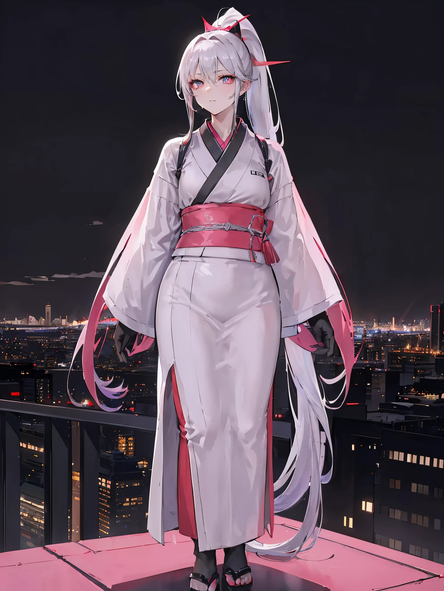 アニメ, (work of art, best qualityer, ultra detali, hight contrast), 1womanl (standing alone, whole body, plus size body, standing on the edge of the skyscraper, silver hair, LONG in a ponytail, Eyes red, perfect eyes ruby sparkles, (simple black long kimono, Black Cybernetics with Neon Pink), black transparent socks), (skyscraper roof, overlooking a city, detailed back ground ((night time, darkness, low light pollution)))