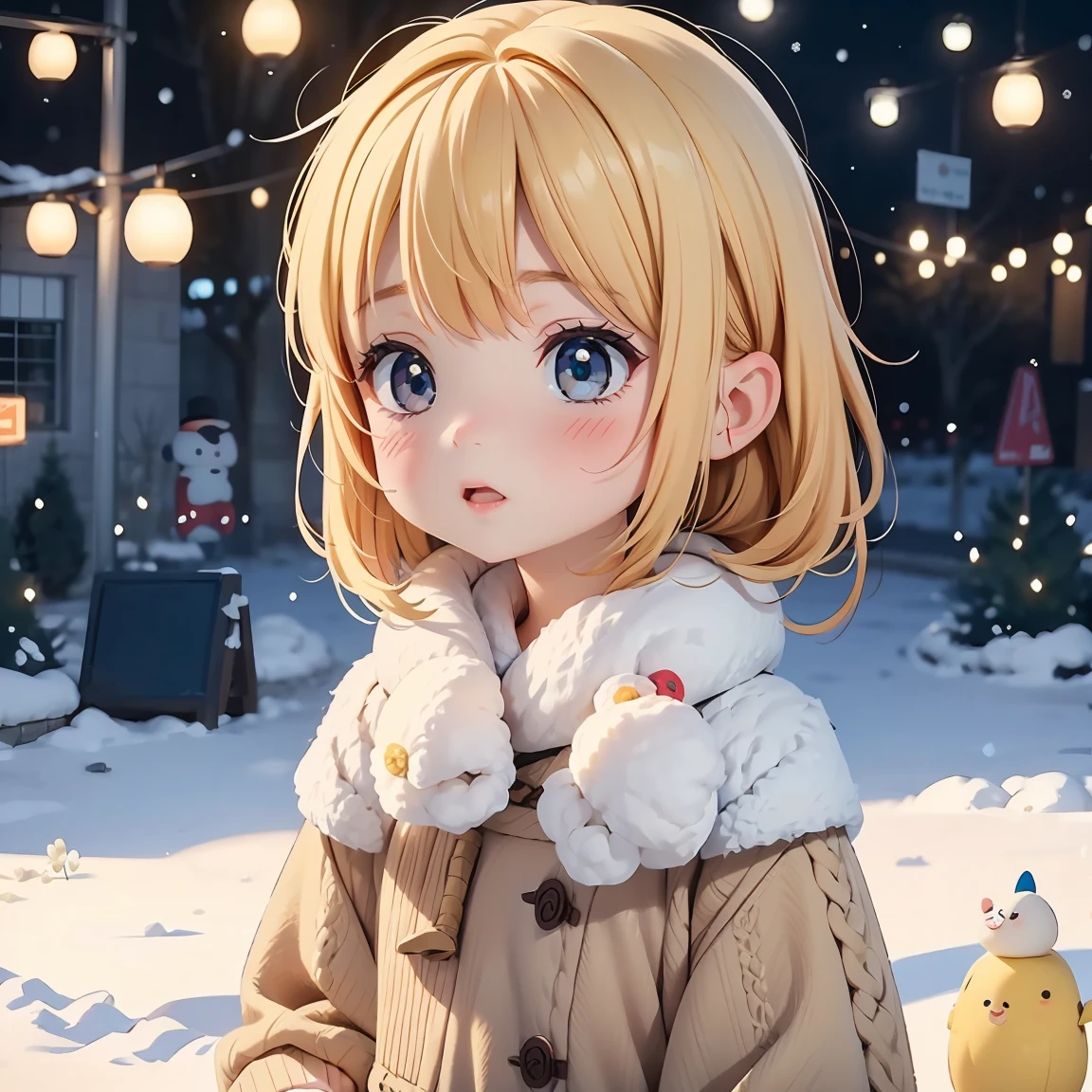  Super Chibi Character：1.8、background：Snow Scene、Blonde Hair、Cute 7 year old girl、Super Chibi Character：1.8、Cute Sweater、winter、Extreme cold、seems cold