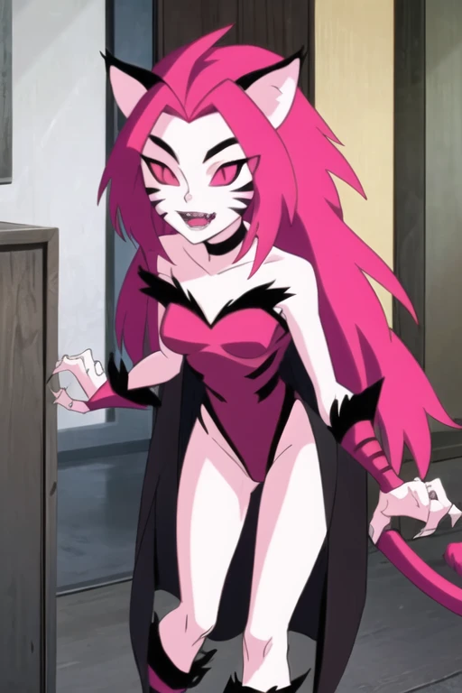 NyaNya, 1girl, solo, pink eyes, pink hair, pink skin, long hair, cat ears, pink sclera, cat tail, claws, slit pupils, pink lips, whisker markings, pink leotard, fangs, bare shoulders, choker, cape, cloak
