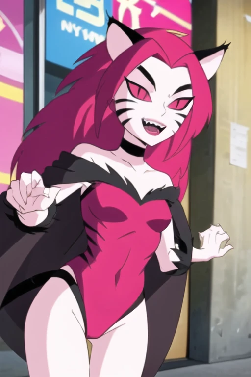 NyaNya,   1girl, solo, pink eyes, pink hair, pink skin, long hair, cat ears, pink sclera, cat tail, claws,  slit pupils, pink lips, whisker markings, pink leotard, fangs, bare shoulders, choker, cape, cloak