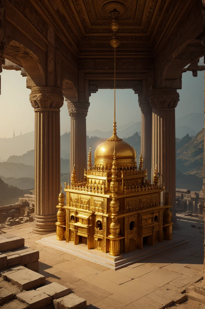 An ancient golden temple in ruins beneath the earth