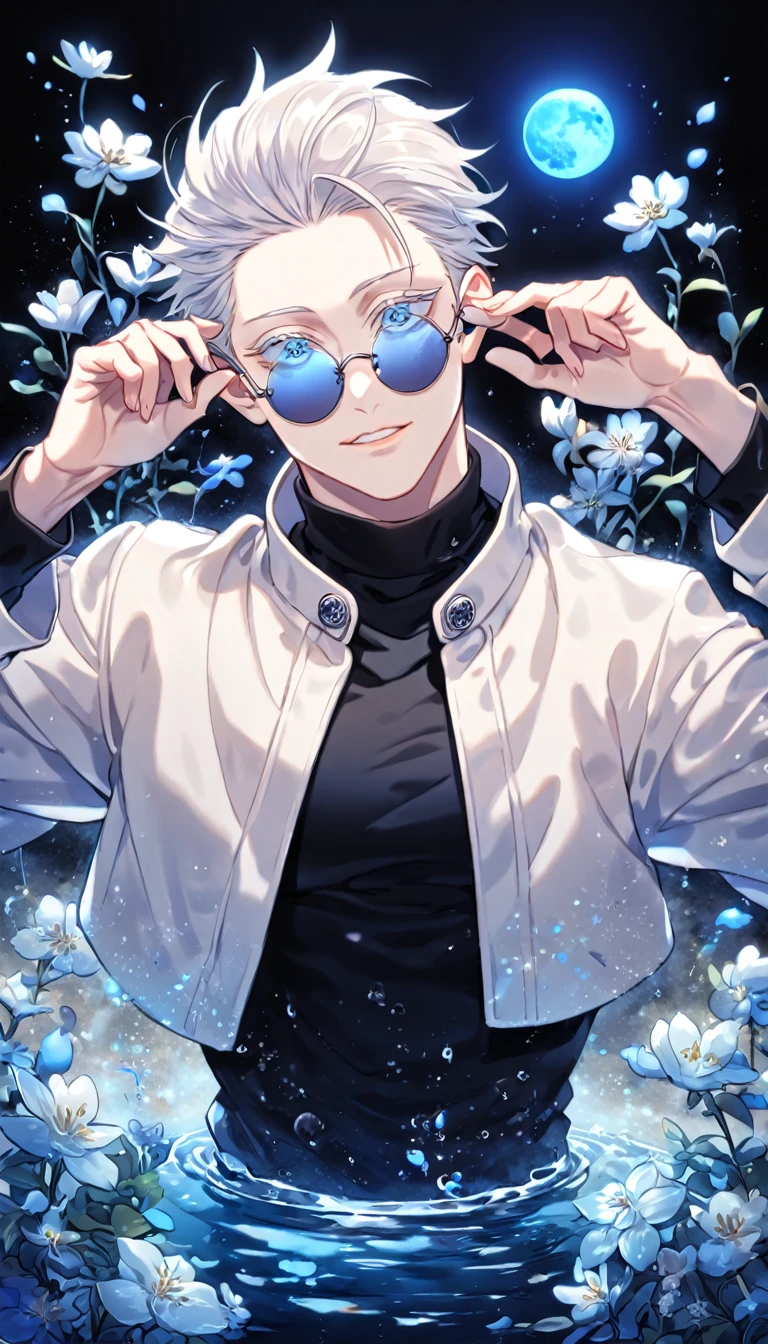 absurdres, highres, ultra detailed, HDR, master piece, Gojou Satoru, white hair, slicked back with bangs, white eyelashes, expressive blue eyes, amber round sunglasses, white cropped jacket, black shirt, Jujutsu Kaisen, sexy man, handsome, best quality, blue moon, flowers, fantasy, magical, solo, water, blue shining fireflies, blue petals, sensual,