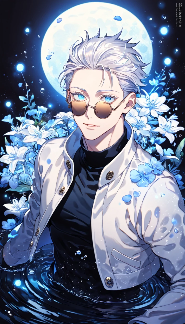 absurdres, highres, ultra detailed, HDR, master piece, Gojou Satoru, white hair, slicked back with bangs, white eyelashes, expressive blue eyes, amber round sunglasses, white cropped jacket, black shirt, Jujutsu Kaisen, sexy man, handsome, best quality, blue moon, flowers, fantasy, magical, solo, water, blue shining fireflies, blue petals, sensual,