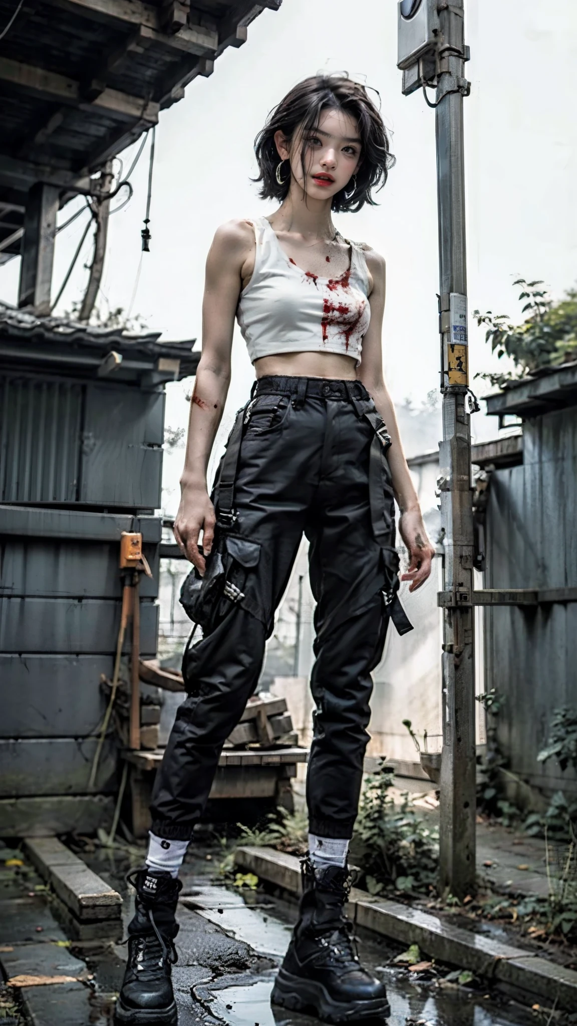 Moisturized skin,Realistic body,(Adult female body),Energetic,(),(Girl),,Crop top,,Collarbone,Earrings,Tight leggings,(Cute face),
BREAK,
Bright red lipstick,(Beautiful navel),(Black hair),Beautiful hair,Short hair,
BREAK,
((Masterpiece+Top quality+High resolution+Very detailed)), (Full body:1.2),Symmetrical,One cut,
BREAK,
(Wind blowing),(Blue electricity),
BREAK,
Assassination,,Fantastic,Dynamism,((In the middle of a war,Fighting stance),((Fires everywhere,Blood everywhere,Chaos),