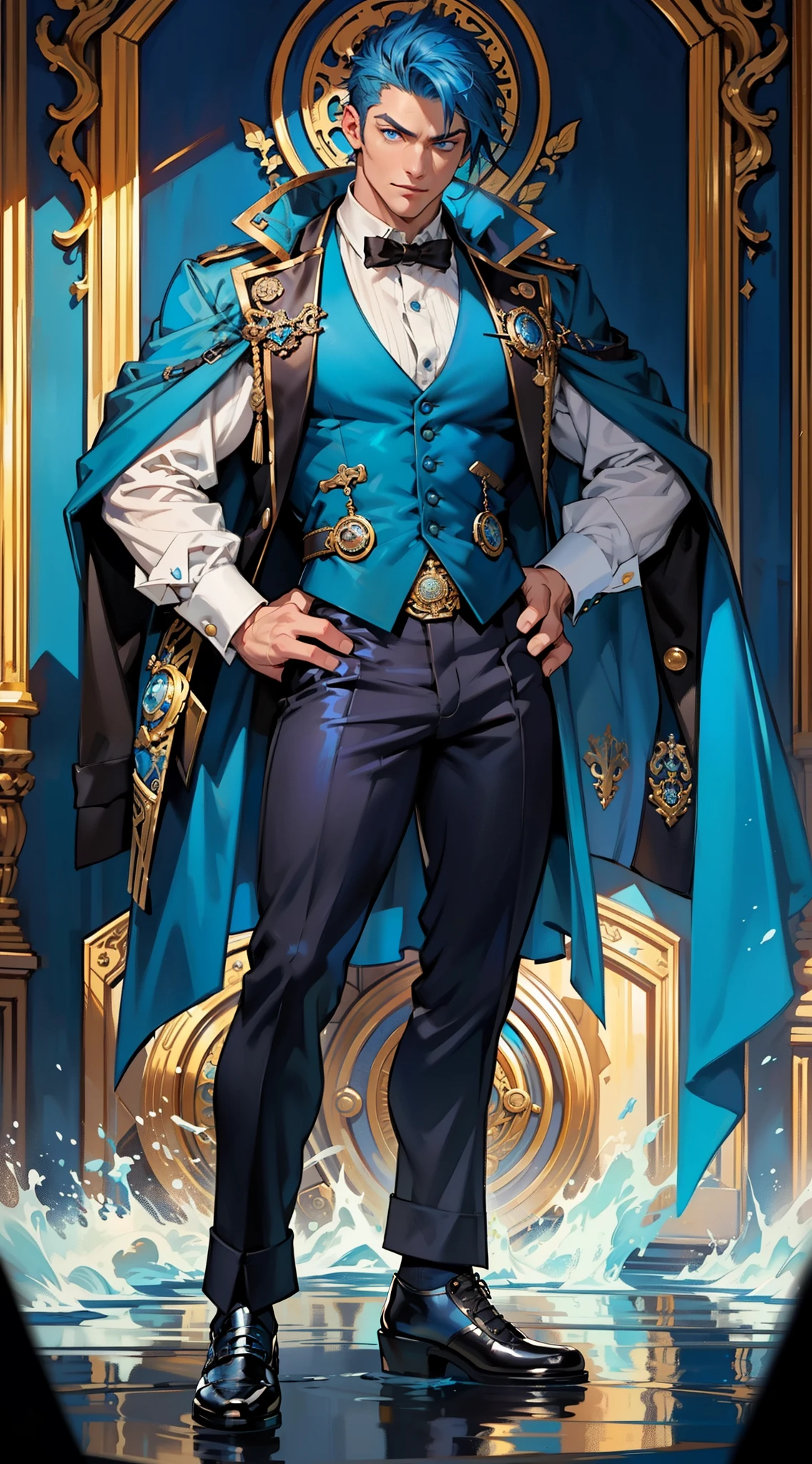 masterpiece, Best Quality, painting of ((a strikingly handsome and muscular man with short vibrant blue hair and captivating blue eyes.)), dressed in an intricate dark blue costume, vest, inspired by water, steampunk, exuding confidence, depicted in a dynamic full body pose.