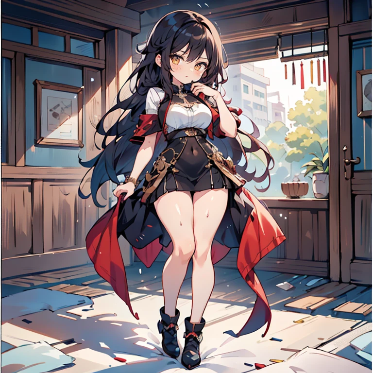 Anime Kawaii sexy Perfect Slim sensual body large breast and huge thighs, An intricate and highly detailed illustration of anime (Young girl). work of art, highy detailed, ,{Bblack hair} (long hair e branco)(side hair)(shawl hair)(slickedback hair),(fleshy feeling),(fleshy legslarger chest),(cups),(yellow eyes),1 girl, lesbian full body,bed background ,Lasts - Bremerton,hand in the mouth,1 girll, standing alone, long hair, へそ, blush, view the viewer, breastsout, garrafa, sports well, sweat