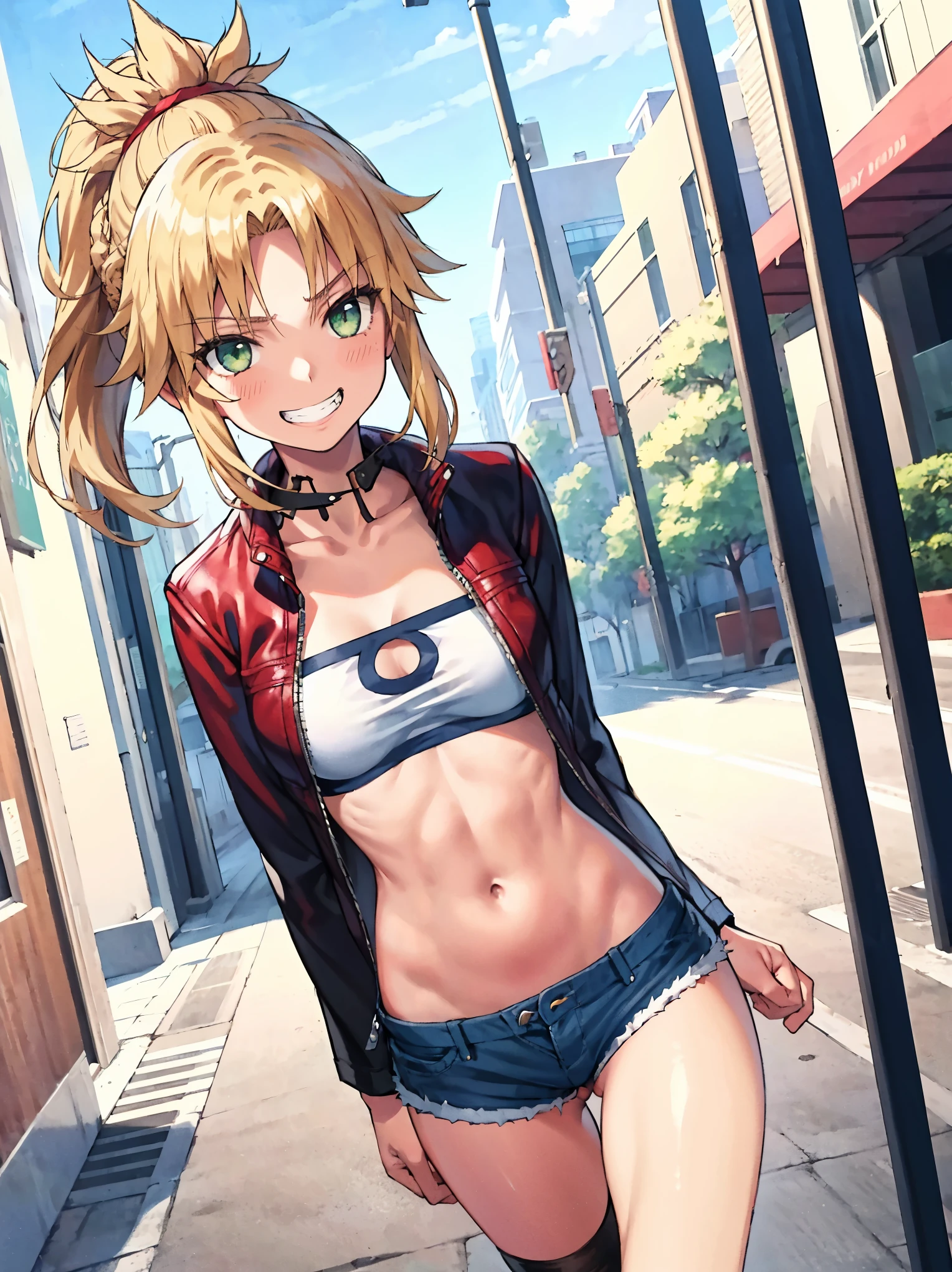 Masterpiece, Best Quality, illustration, city_street_landscape, 1girl, Mordred \(fate\), cowboy shot, collarbone, Detailed blond hair ponytail braid, green eyes, Red leather jacket, White short blouse, denim shorts,navel,thigh-high,grin, covered_pussy,skiny,happy,