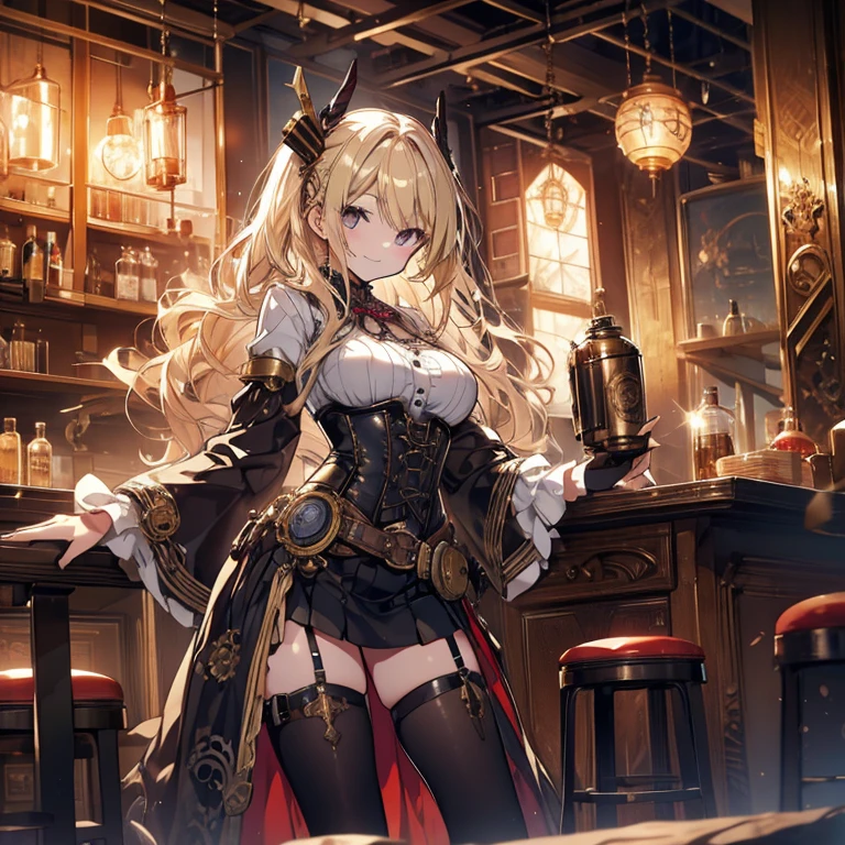 1 girl、Mature、Ample breasts、Long Hair、Blonde、Long Hair、Curly Hair、steampunk outfit、Miniskirt、A seductive smile、Laughing with your mouth open、corset、dusk、Steampunk city、Chemical Industry、With a flask、High resolution、Highest quality
