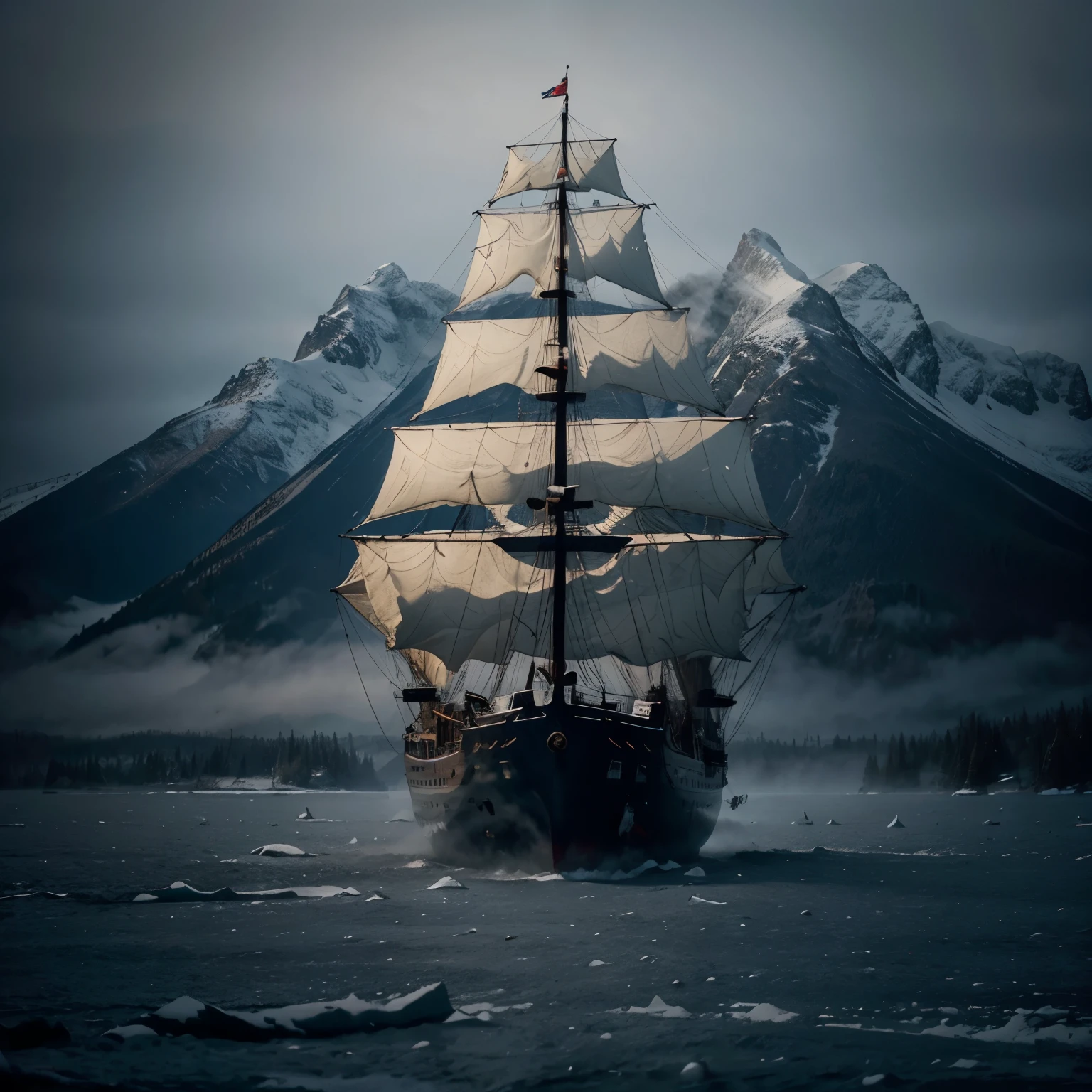 Render a ghostly ship sailing through thick fog, with its eerie silhouette and tattered sails hauntingly visible, surrounded by the mountains full of snow-covered trees in the arctic mountains, 8k, full vivid color, hyperdetailed