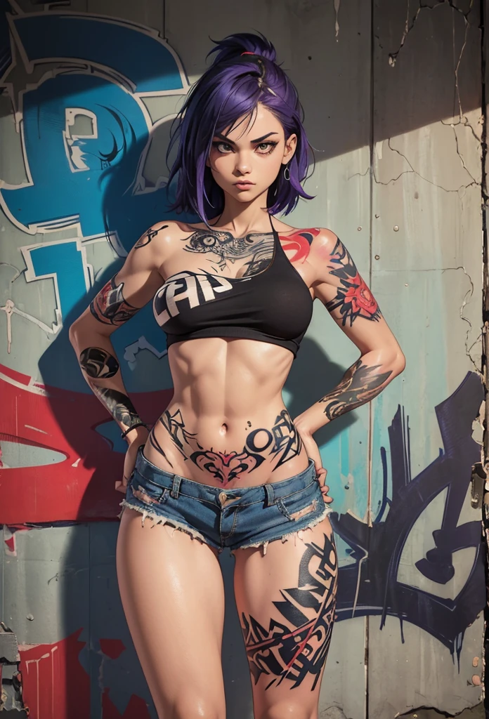 Comic graffiti type canvas painting on sensual hips, of ripped shorts and very daring shorts, skin completely covered in comic graffiti, very perfect poster image, sharp and detailed (((arms, body neck hips and legs with many tattoos))