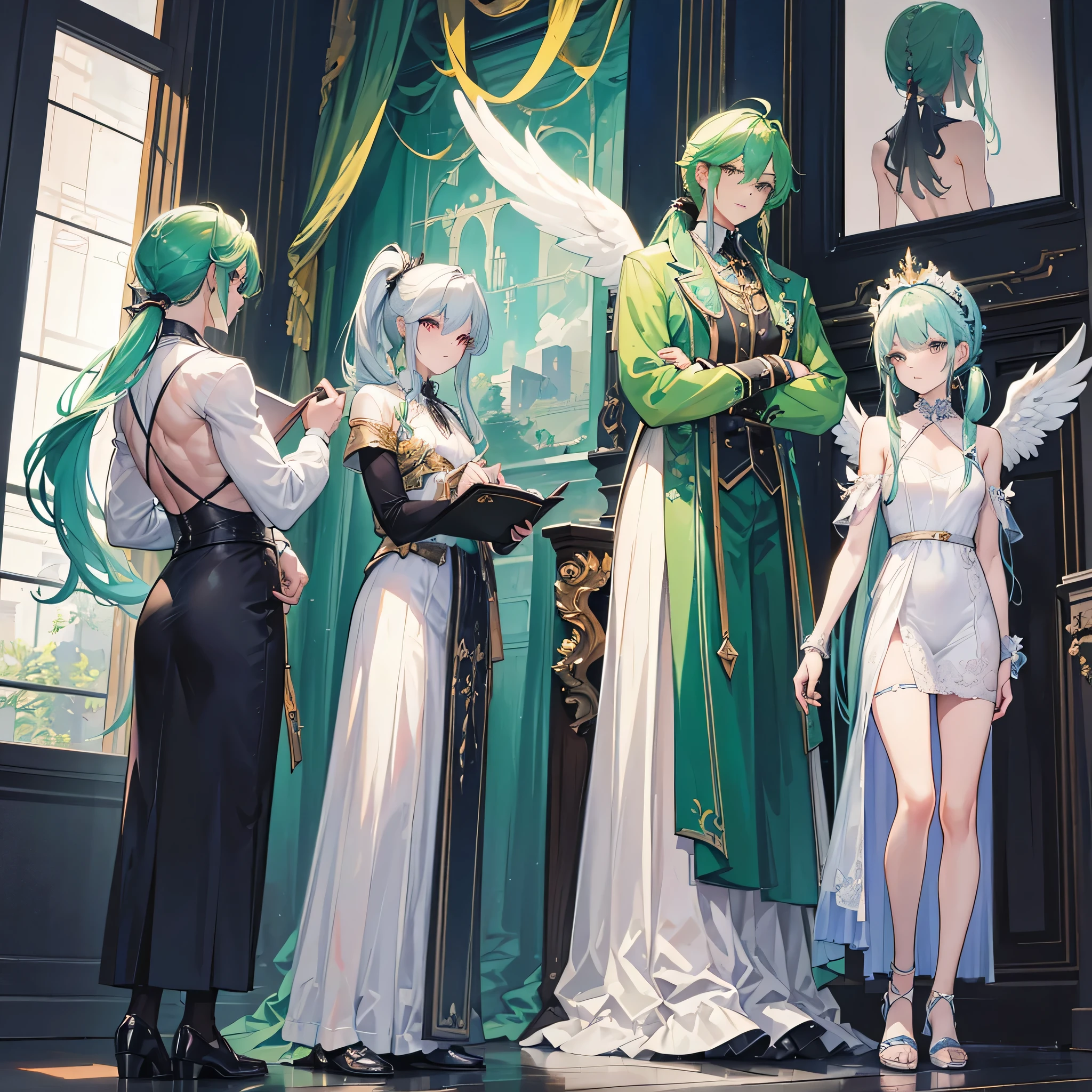 (Masterpiece, best quality), detailed, 1 man, ((character concept art)), ((character design sheet, same character, front, side, back)), full body, body complete, 1 Male angel, 1 Man angel, Detailed face, character design sheet,full bodyesbian, Highly detailed, character sheet, character design, Many parts, dark skin, angel wings, long ponytail green hair, angel outfit, muscle male god, male clothes, masculine, muscle man, male muscle, manly, male angel, Muscle male with long ponytail green, hair,beautiful man, beautiful muscle man