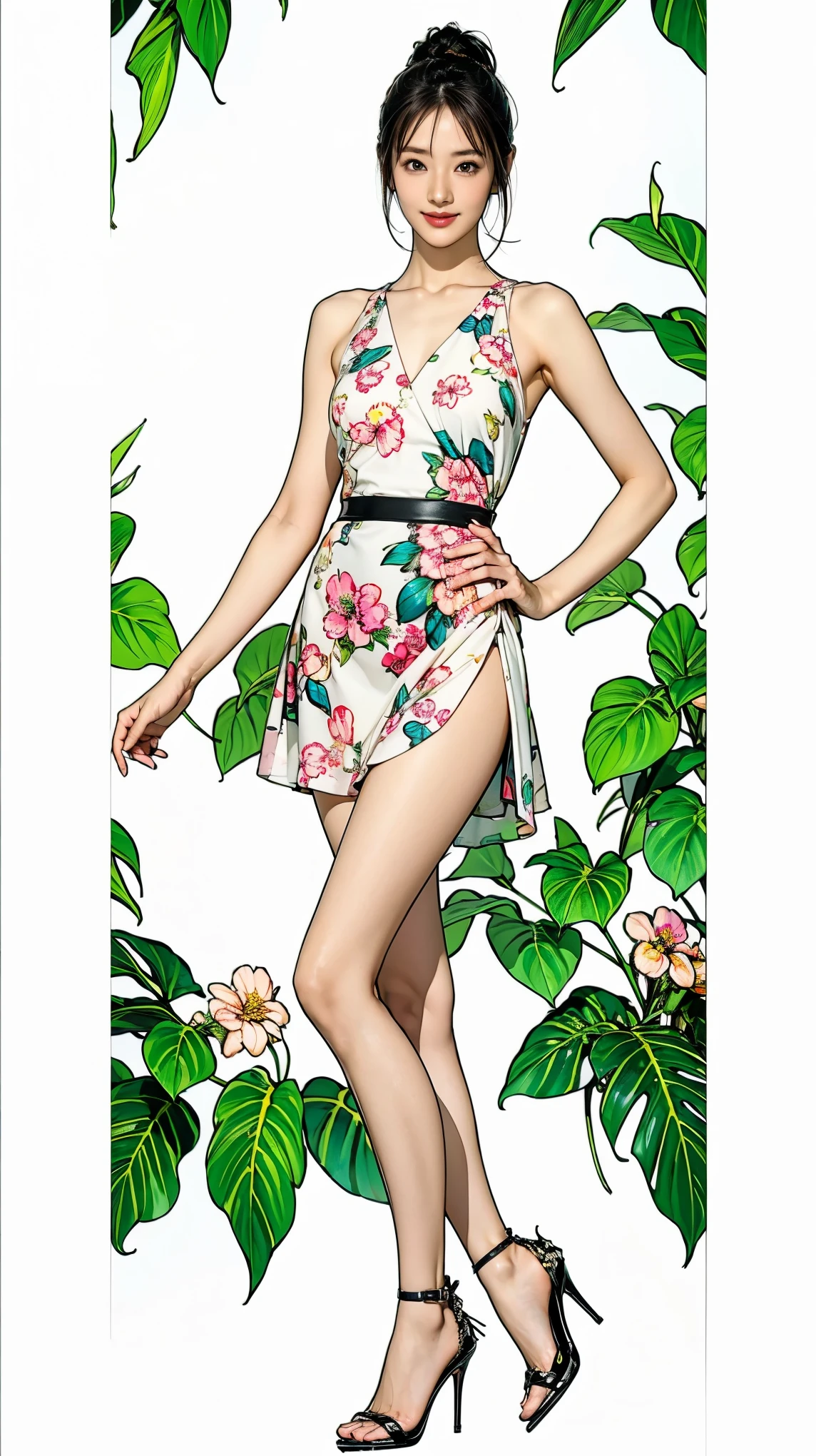 ((masterpiece)),(((Highest quality))),Character design sheet:1.5，Long legs,Slender figure:1.5，whole body:1.5，(One Girl:1.3),(Viewer Display:1.4)，The best smile:1.5，(Pointy high heels:1.3),(Stand with legs apart:1.2),(Wearing a floral and plant print mini dress:1.2), Curly Hair:1.5，High waist:1.5，