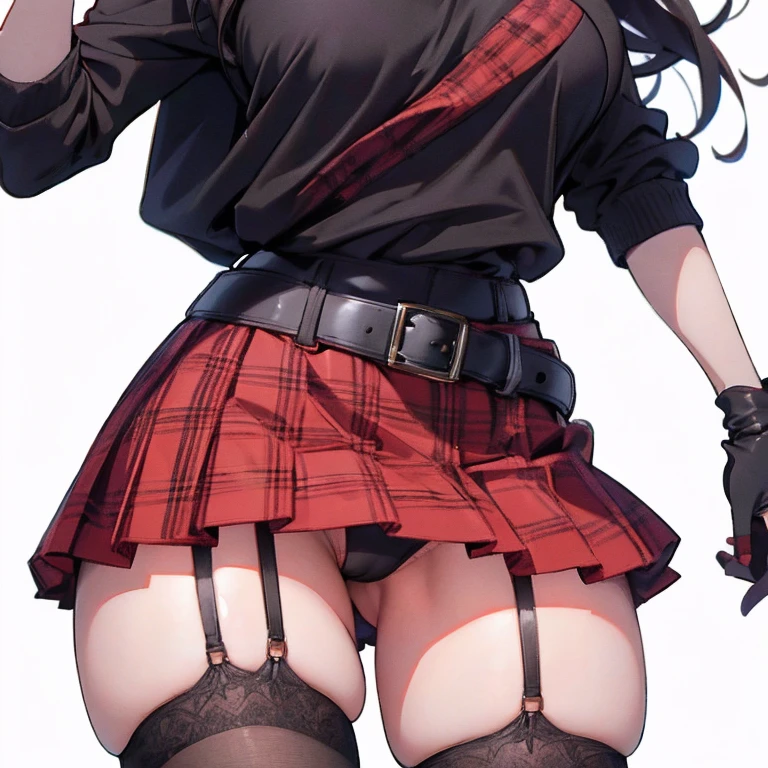 Anime Kawaii sexy Perfect Slim sensual body large breast and huge thighs, An intricate and highly detailed illustration of anime (Young girl red plaid miniskirt , shoes black , pleatedskirt , assassin , all-body , White sweater , black gloves , Stockings , GARTER BELT , Bblack hair , eyes black , slickedback hair , thicc thighs , all-body , standing posture , Face , close up