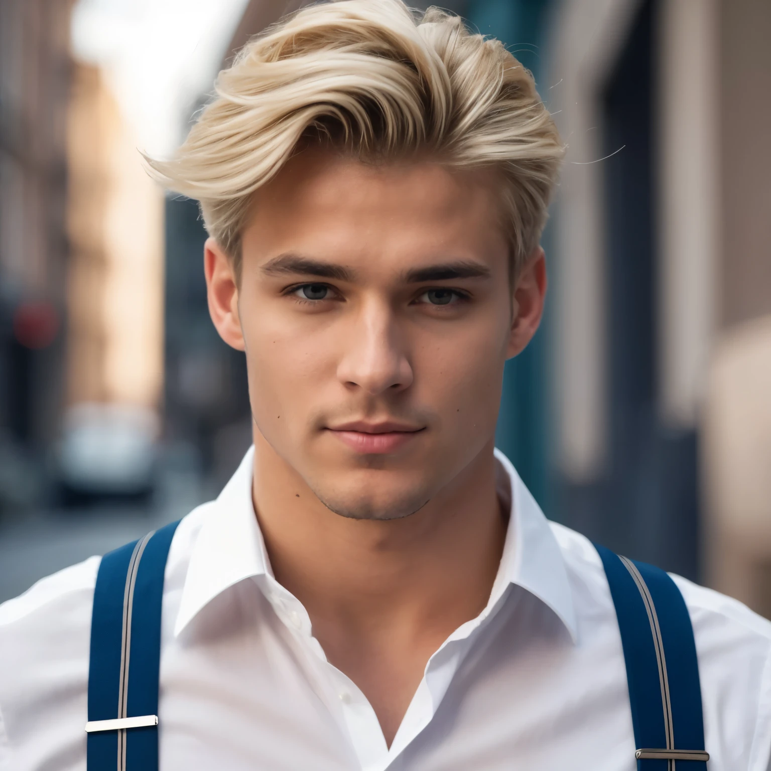 Blonde-haired man with suspenders and white shirt staring into the camera, long blonde hair swept back and blue eyes, Blonde and attractive features, homem jovem loiro, macho atraente, Homem magro com pele bronzeada clara, bonito rosto atraente, Jovem com rosto bonito, Macho bonito, jovem bonito, homem atraente, cara loiro, jovem atraente, bonito e atraente, rosto bonito perfeito, bonito impressionante realista, square jawline, rosto detalhado, Kevin Pabel 8k