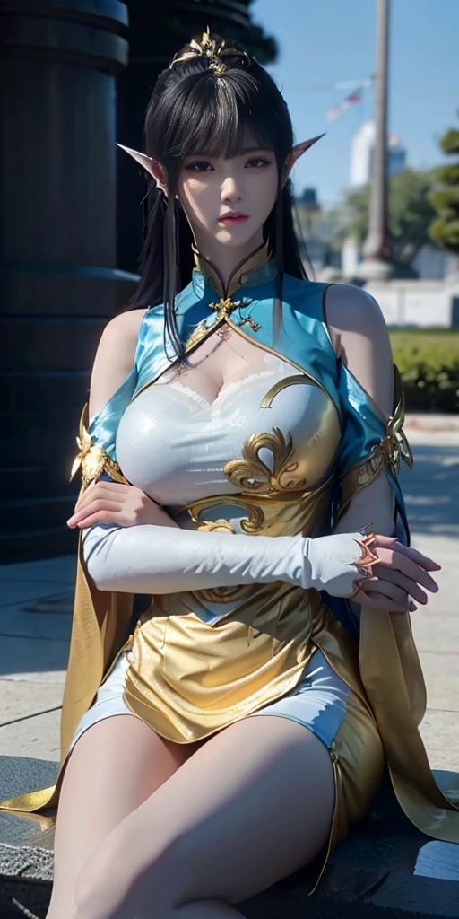 masterpiece), best quality, expressive eyes, perfect face, beautiful eyes, hair bangs, cleavage, beautiful cute girl, focused eyes, super detailed, UHD, very huge breasts, perfectly round breasts, breast implants, Feng Qing Er, 1girl, hair ornament, solo, pointy ears, cultivation dress, black hair, long hair, clothing cutout, bare shoulders, blue and white dress, gold clothes trim, gold jewelry, Feng Qing Er, 1girl, hair ornament, solo, pointy ears, cultivation dress, black hair, long hair, clothing cutout, bare shoulders, blue and white dress, gold clothes trim, gold jewelry, sit, smooth white thighs, cleavage