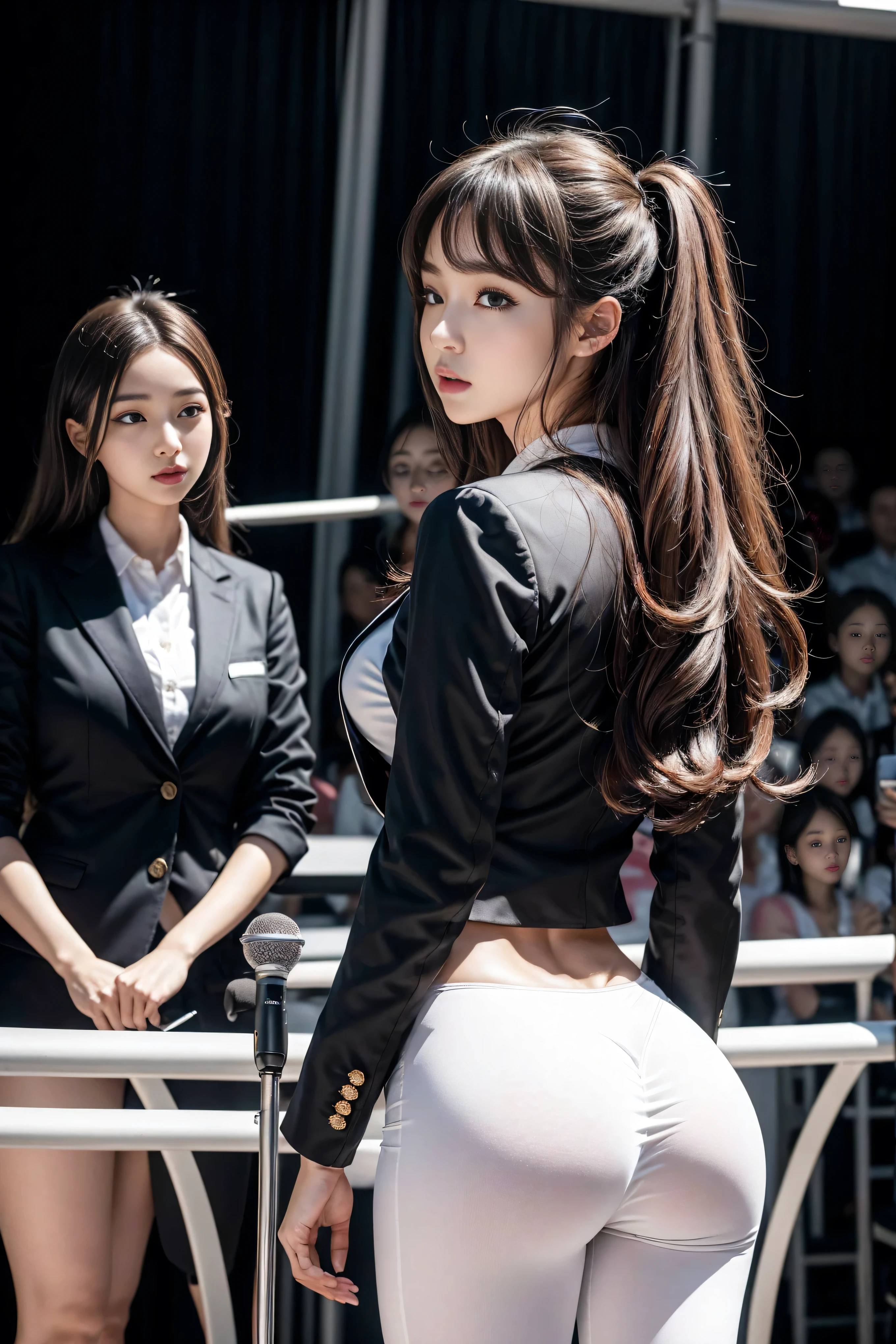 （8K，best quality，masterpiece，Practical，Very detailed：1.3），（2 girls，Beautiful Korean girl, Korean Idol），（Black Blazer：1.2），（White leggings：1.1），（Serious expression：1.2）discuss，（speech，Handheld microphone：1.2）（crowd，audience：1.3），Sexy long legs， （Thigh gap：1.5），Wide hips，S-Shaped Body， Hip lift，，White curly hair，（Ass Focus：1.1）Shot from behind