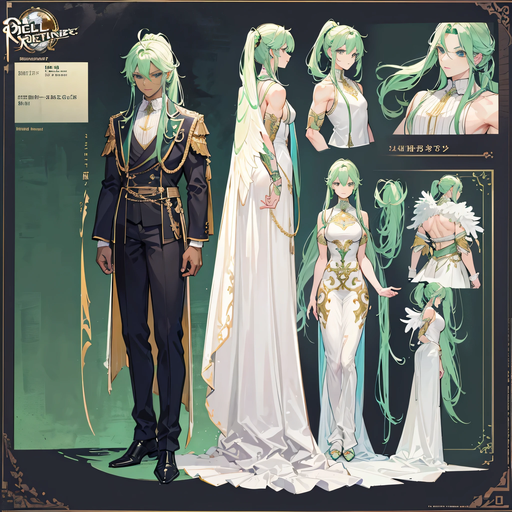 (Masterpiece, best quality), detailed, 1 man, ((character concept art)), ((character design sheet, same character, front, side, back)), full body, body complete, 1 Male angel, 1 Man angel, Detailed face, character design sheet,full bodyesbian, Highly detailed, character sheet, character design, Many parts, dark skin, angel wings, long ponytail green hair, angel outfit, muscle male god, male clothes, masculine, muscle man, male muscle, manly, male angel, Muscle male with long ponytail green, hair,beautiful man, beautiful muscle man