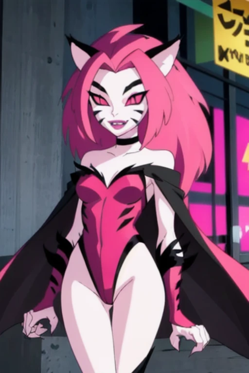 NyaNya,   1girl, solo, pink eyes, pink hair, pink skin, long hair, cat ears, pink sclera, cat tail, claws,  slit pupils, pink lips, whisker markings, pink leotard, fangs, bare shoulders, choker, cape, cloak, bodysuit