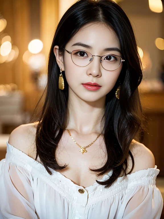 Close-up, sitting on a chair, Gorgeous Young Korean Woman, 1 girl 30 yeas old, (middle hair, brown hair, fringe, Tears, Thin outer eyebrows, Small eyes、Eyes are small compared to the face, little smile), (gold ring earring, gold neckless), (Black frame eyeglass),( middle breasts, slender whist, middle hip), (white blouse,White clothes are very transparent ),