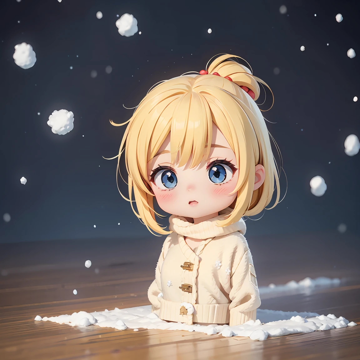 Super Chibi Character:1.8、background:Snow Scene、Blonde Hair、Cute 7 year old girl、Super Chibi Character:1.8、Cute Sweater、winter、Extreme cold、seems cold