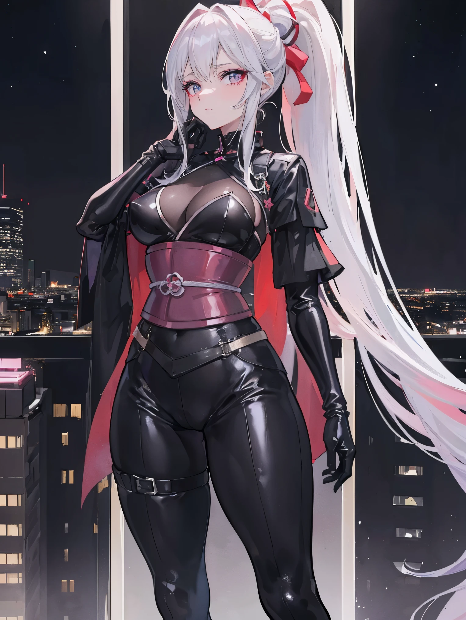 アニメ, (work of art, best qualityer, ultra detali, hight contrast), 1womanl (standing alone, whole body, plus size body, standing on the edge of the skyscraper, silver hair, LONG in a ponytail, Eyes red, perfect eyes ruby sparkles, (simple black long kimono, Black Cybernetics with Neon Pink), black transparent socks), (skyscraper roof, overlooking a city, detailed back ground ((night time, darkness, low light pollution)))Visuals inspired by a fusion of rustic Renaissance realism and machine-age aesthetics. ultra-realistic, 32K UHD resolution and cinematic detail. Slim figure and perfect body, with huge breasts and defined abdomen. Face ultra detailed, with extremely detailed lips and eyes. Body with an absurdly small waist, huge hips. Corset and gloves reinforcing aesthetics inspired by Aphrodite and Jean Gray. styled: Renaissance rustic realism, cinematic detail, intense lighting, bold lines. Armorcore aesthetic, womancore, inspiration from DynastySeries FashionNova. (a best qualityer, 8k, 32 mil, Masterpiece artwork, ultra HD:1.3)