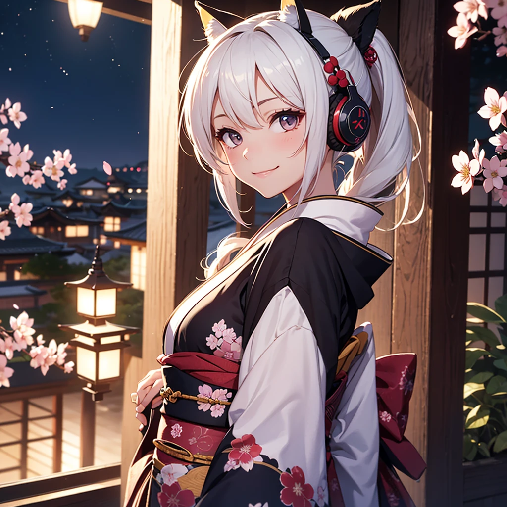 One Girl、samurai、ponytail、Fox Ears、Headphones、A kind smile、Beautiful kimono、Cherry blossom background、night、focus、Only the face、