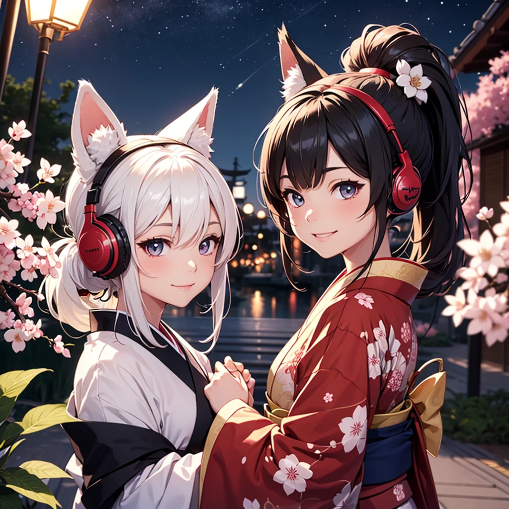 One Girl、samurai、ponytail、Fox Ears、Headphones、A kind smile、Beautiful kimono、Cherry blossom background、night、focus、Only the face、