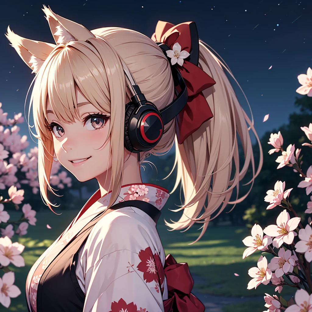One Girl、samurai、ponytail、Fox Ears、Headphones、A kind smile、Beautiful kimono、Cherry blossom background、night、focus、Only the face、
