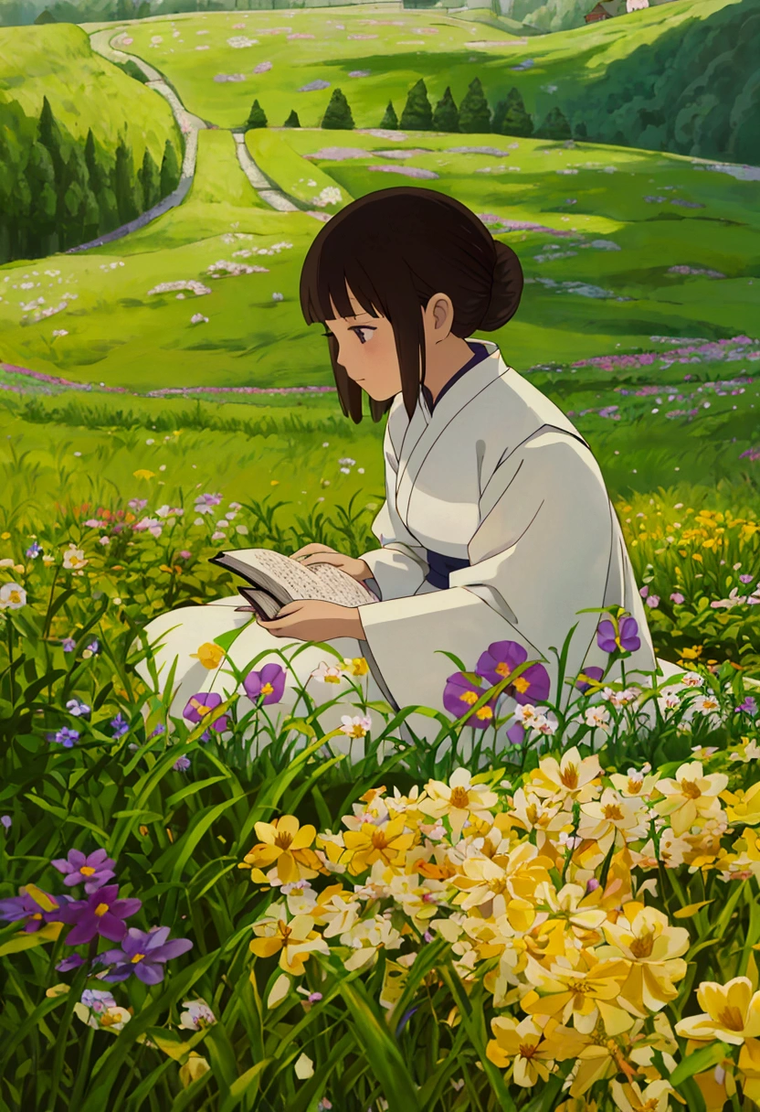 arafed woman sitting in a field of flowers reading a book, white hanfu, palace ， a girl in hanfu, girl sitting in a flower field, by Yang J, sitting in a field of flowers, in a field of flowers, in a cottagecore flower garden, hanfu, in a field with flowers, girl in flowers