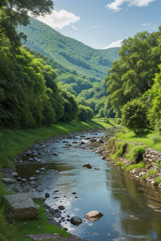 Next to a serene river, an ancient wall stands weathered and worn. The river flows gently under a clear, open sky, reflecting the peaceful surroundings. Cartoonish distant hills and lush greenery add a sense of spaciousness and hope to the scene."