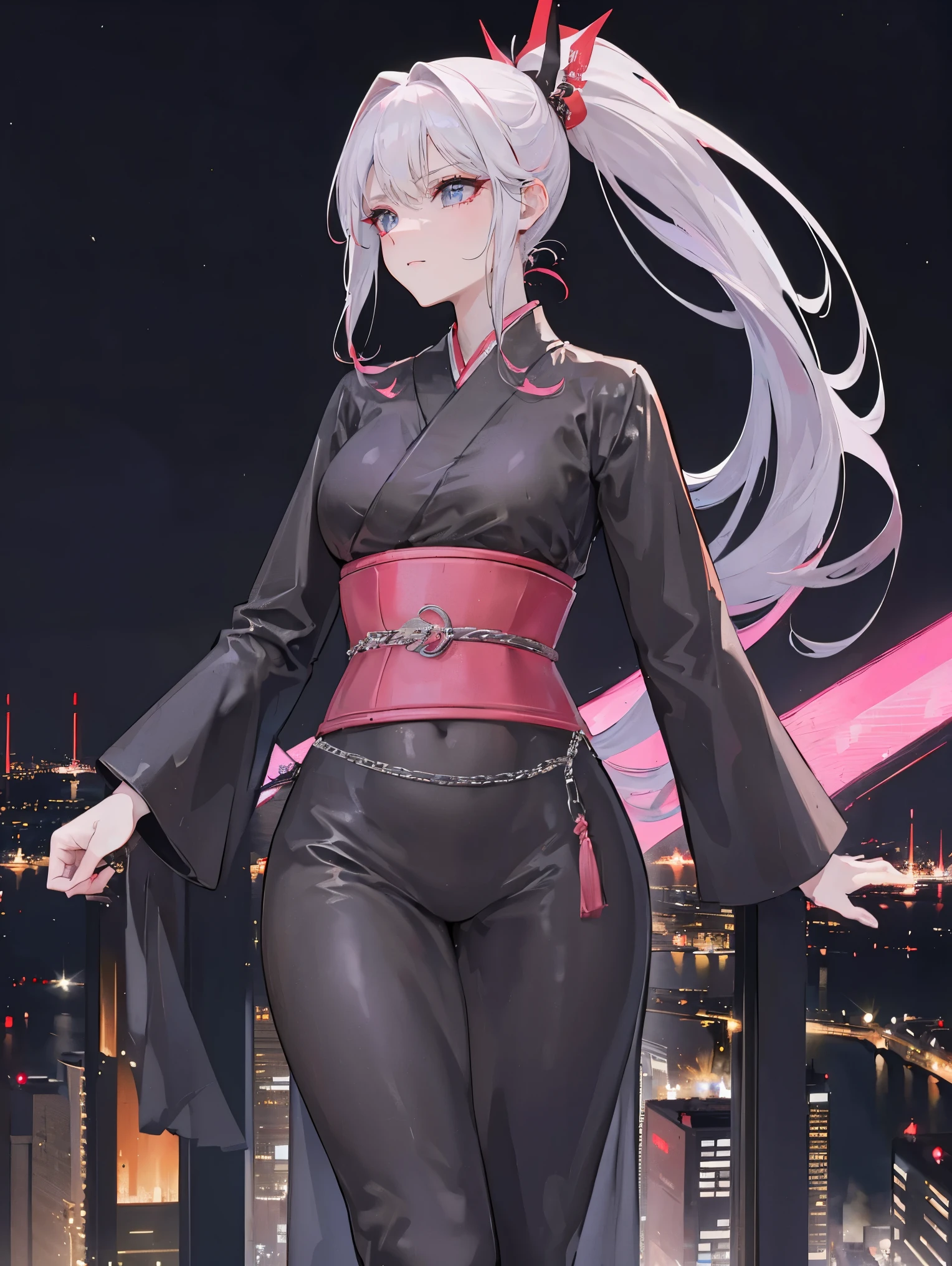 アニメ, (work of art, best qualityer, ultra detali, hight contrast), 1womanl (standing alone, whole body, plus size body, standing on the edge of the skyscraper, silver hair, LONG in a ponytail, Eyes red, perfect eyes ruby sparkles, (simple black long kimono, Black Cybernetics with Neon Pink), black transparent socks), (skyscraper roof, overlooking a city, detailed back ground ((night time, darkness, low light pollution)))Visuals inspired by a fusion of rustic Renaissance realism and machine-age aesthetics. ultra-realistic, 32K UHD resolution and cinematic detail. Slim figure and perfect body, with huge breasts and defined abdomen. Face ultra detailed, with extremely detailed lips and eyes. Body with an absurdly small waist, huge hips. Corset and gloves reinforcing aesthetics inspired by Aphrodite and Jean Gray. styled: Renaissance rustic realism, cinematic detail, intense lighting, bold lines. Armorcore aesthetic, womancore, inspiration from DynastySeries FashionNova. (a best qualityer, 8k, 32 mil, Masterpiece artwork, ultra HD:1.3)