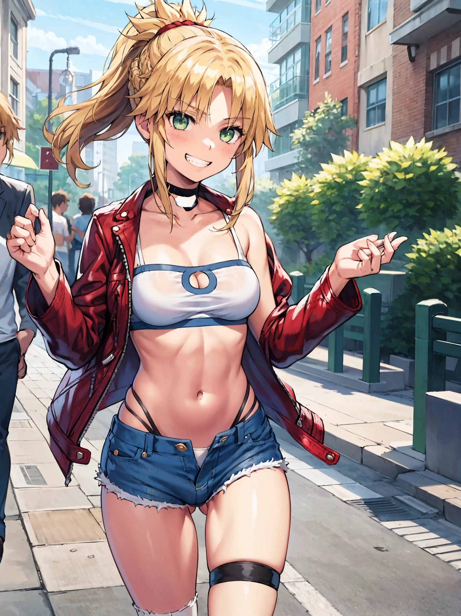 Masterpiece, Best Quality, illustration, city_street_landscape, 1girl, Mordred \(fate\), cowboy shot, collarbone, Detailed blond hair ponytail braid, green eyes, Red leather jacket, White short blouse, denim shorts,navel,thigh-high,grin, covered_pussy,skiny,happy,