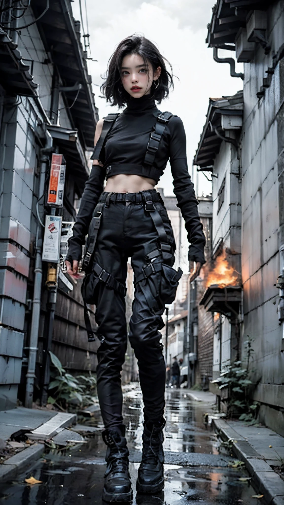 Moisturized skin,Realistic body,(Adult female body),Energetic,(16 years old),(Girl),,Crop top,,Collarbone,Earrings,Tight leggings,(Cute face),
BREAK,
Bright red lipstick,(Beautiful navel),(Black hair),Beautiful hair,Short hair,
BREAK,
((Masterpiece+Top quality+High resolution+Very detailed)), (Full body:1.2),Symmetrical,One cut,
BREAK,
(Wind blowing),(Blue electricity),
BREAK,
Assassination,,Fantastic,Dynamism,((In the middle of a war,Fighting stance),((Fires everywhere,Blood everywhere,Chaos),