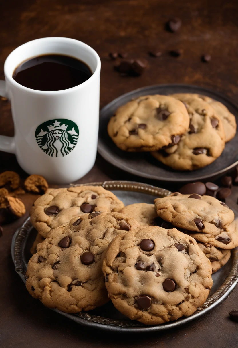 Fatty cookies with colorful chocolate chips, Scenario (next to a cup of Starbucks coffee), copo de milk-shake, chocolate chip cookie cookie with chocolate chips, cookies marrons de chocolate, fat and chubby cookies, chubby cookies(next to a cup of Starbucks coffee, Milk-shake ), realisitic, 4K, photo by the best photographer in the world, best qualityer, optical zoom, store in a shopping center, Fat brown chocolate cookies with colorful chocolate chips, shopping center, Depth of field? ultra definition