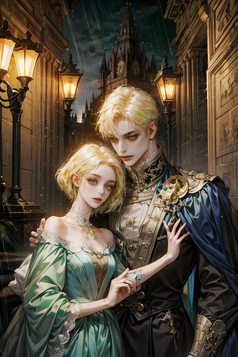 8k, complex, elegant, Very detailed, majestic, digital photography, surreal painting, defeat magic, night garden, blue tones,Winding lightning, (masterpiece, side light, fine and beautiful eyes: 1.2), HdR, (bright green eyes)), victorian dress, (bright tattoo), Chica elegant, cana, musculature, White skin, Raining, elegant, in front of the camera, masterpiece