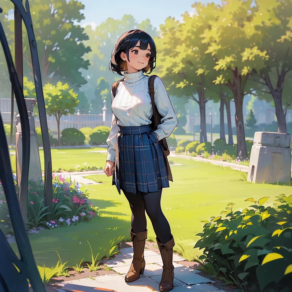 (high quality, High resolution, Super detailed, Realistic:1.37), Peaceful atmosphere, (Outdoor, garden), Teenage girl standing alone, (my breasts are big.), Beautifully detailed features, Cute Smile, (Black bob hair), Ribbed sweater, Blue plaid skirt, black tights, Brown boots.